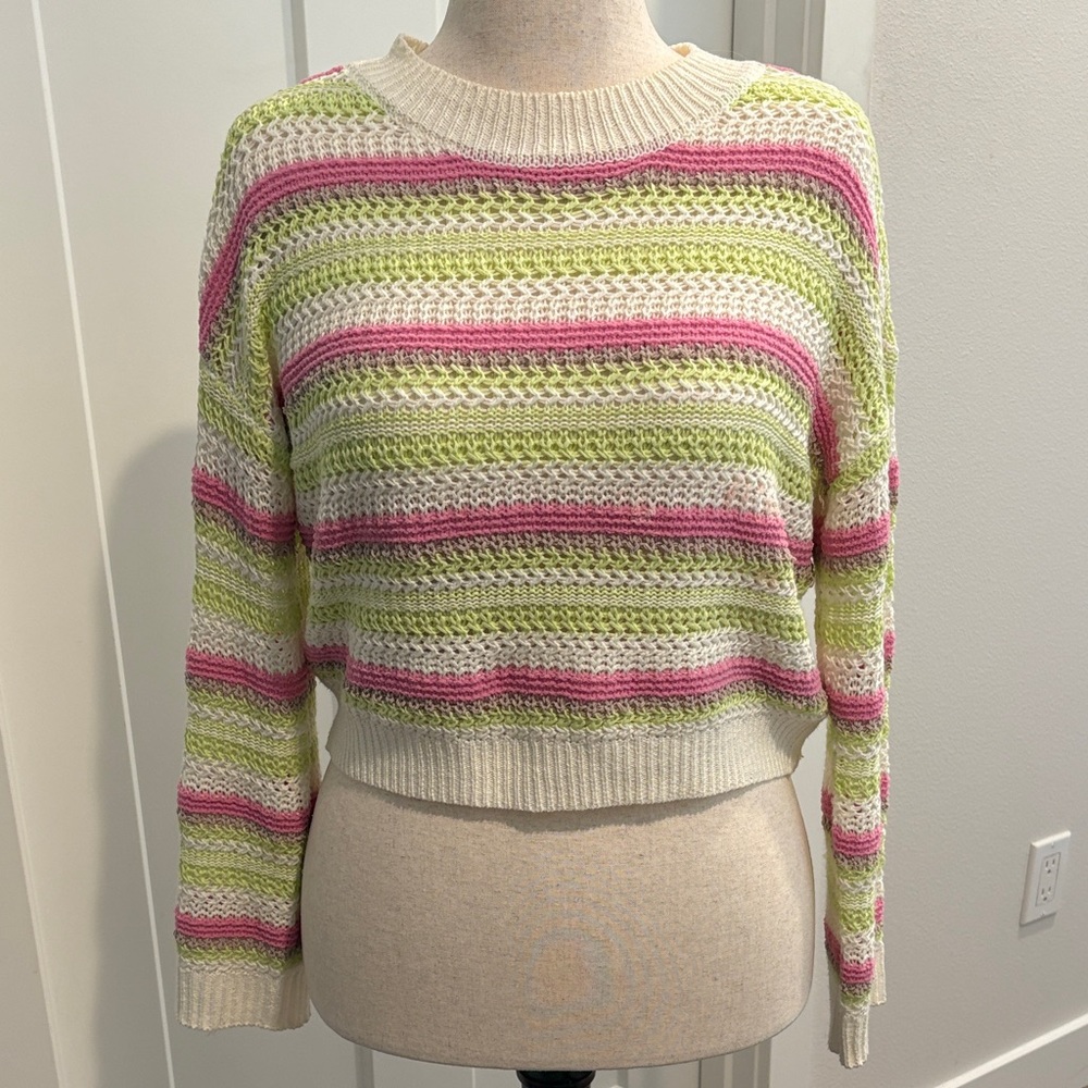 Striped Open-Weave Crewneck Sweater in Pink & Lime - Women Medium